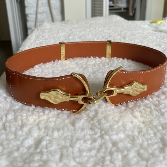 New J.McLaughlin Horse bit adjustable gold hardware leather brown belt s/m 2in - Picture 3 of 10